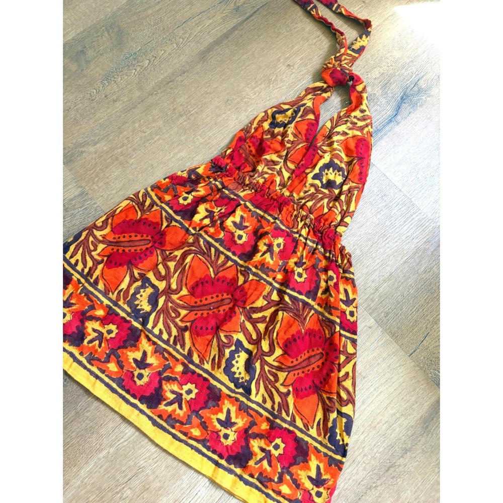 Vintage 70s Indian Boho Halter Mini Dress Tunic Yellow Deadstock O/S
